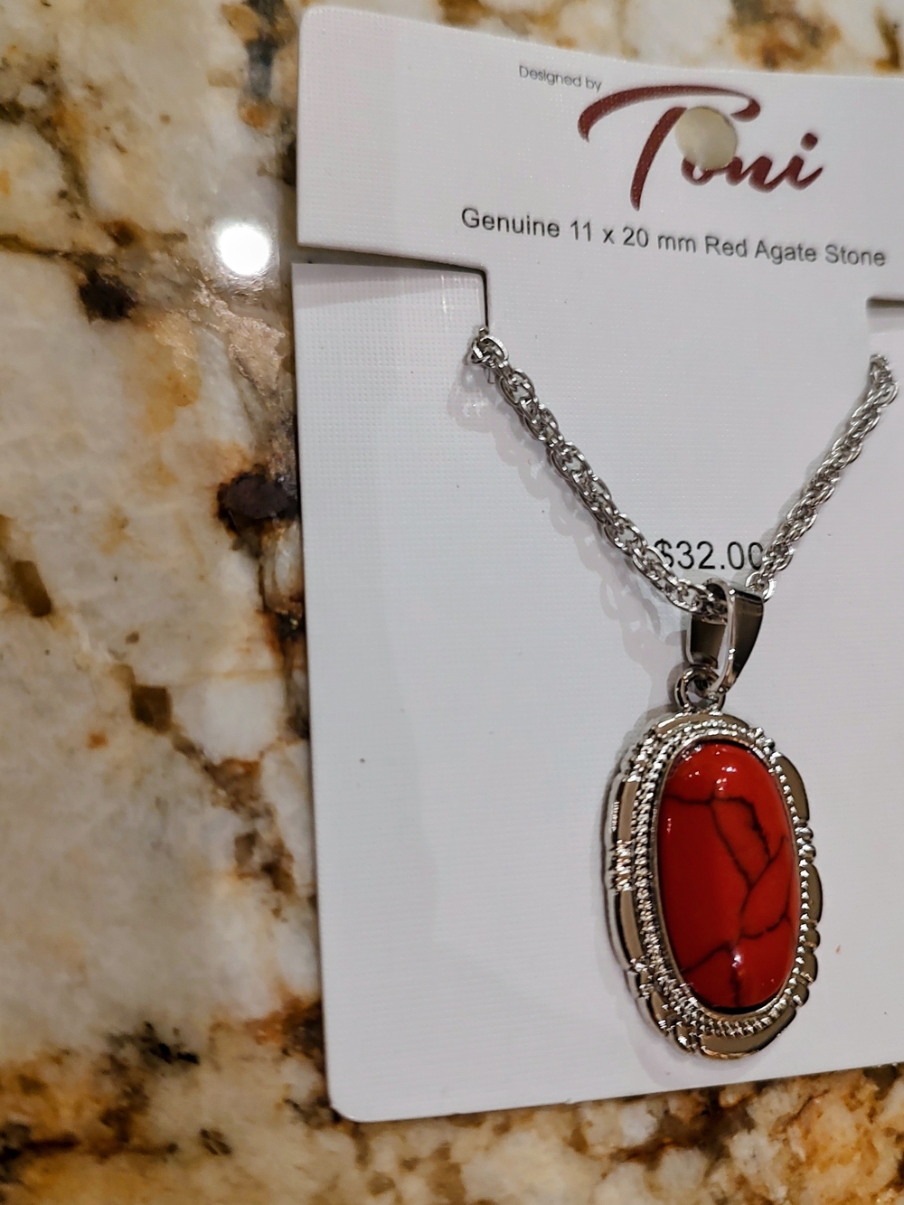 Red Agate Oval Pendant Necklace in Silver Tone